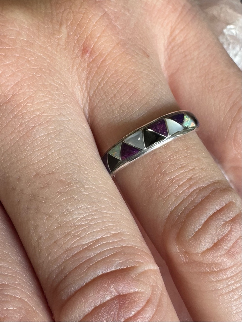 Zuni style Mosaic Multi-colour Inlaid Stone Sterling Silver Ring - Size 6.5